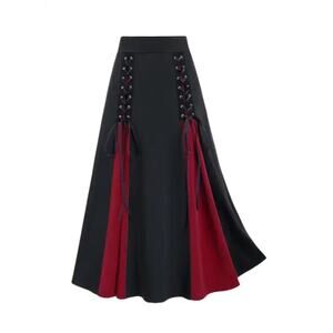 Gothic Lace-Up A-Line Skirt Black Red Womens 3XL Plus Victorian Whimsigoth Godet
